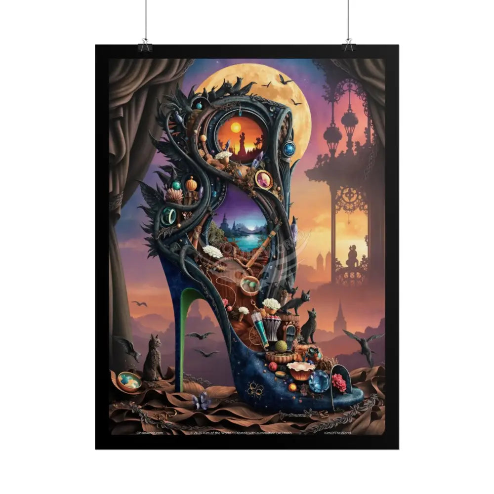 3D Magical Stiletto of Dreams Gothic Magic MulitVerse Pop-Out Black Matte Moon & Sun Scenic Prints Poster