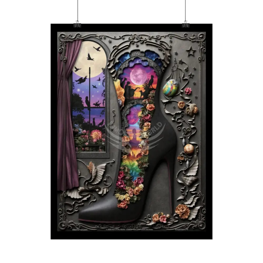 3D Magical Stiletto of Dreams Gothic Magic MulitVerse Pop-Out Black Matte Moon & Sun Scenic Prints Poster