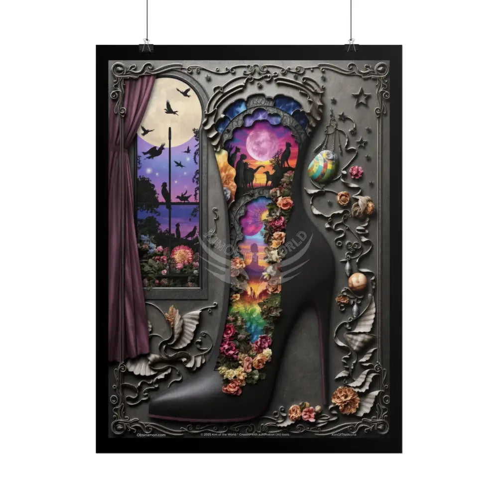 3D Magical Stiletto of Dreams Gothic Magic MulitVerse Pop-Out Black Matte Moon & Sun Scenic Prints Poster