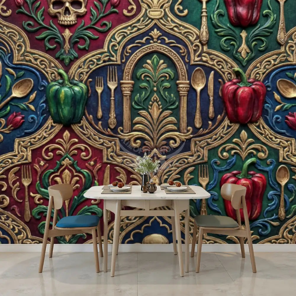 3D Peppers Gold Unpasted Mural Wallpaper 144’’x100’’ 144’’x100’’ Wall Coverings