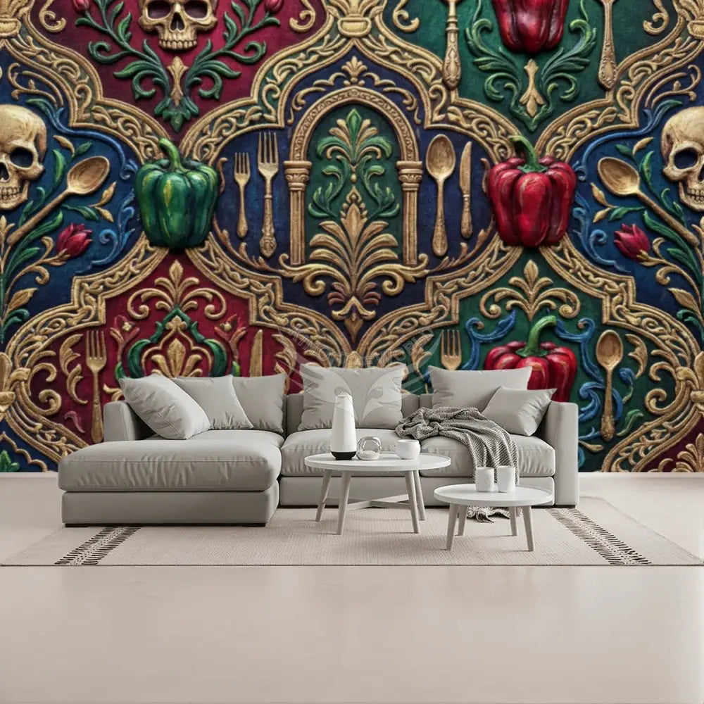 3D Peppers Gold Unpasted Mural Wallpaper 144’’x100’’ 144’’x100’’ Wall Coverings