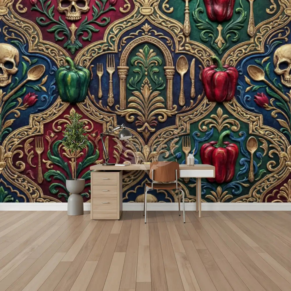 3D Peppers Gold Unpasted Mural Wallpaper 144’’x100’’ 144’’x100’’ Wall Coverings