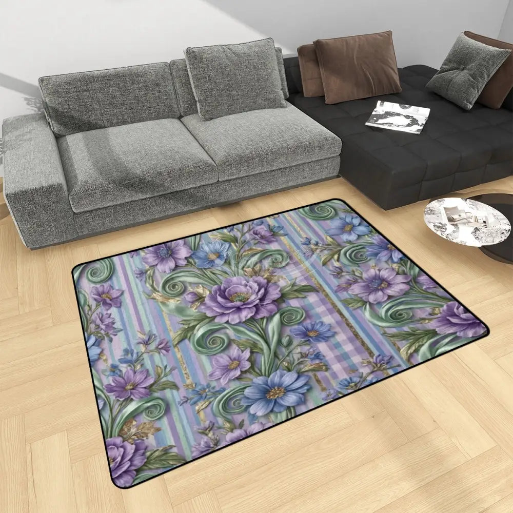 3D Periwinkle Floral Ribbon Wallpaper Area Rug Floor Carpet 8x5.3 - 96’’x64’’ - Rugs & Mats