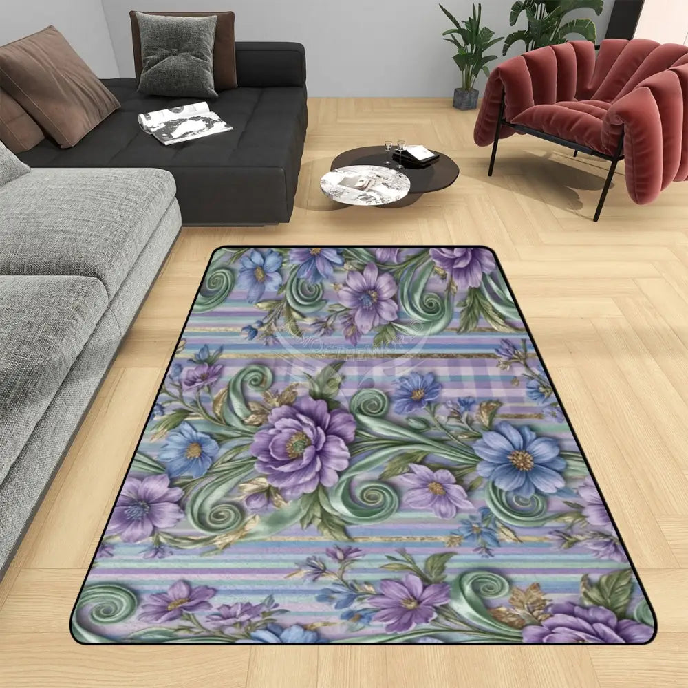 3D Periwinkle Floral Ribbon Wallpaper Area Rug Floor Carpet 8x5.3 - 96’’x64’’ - Rugs & Mats