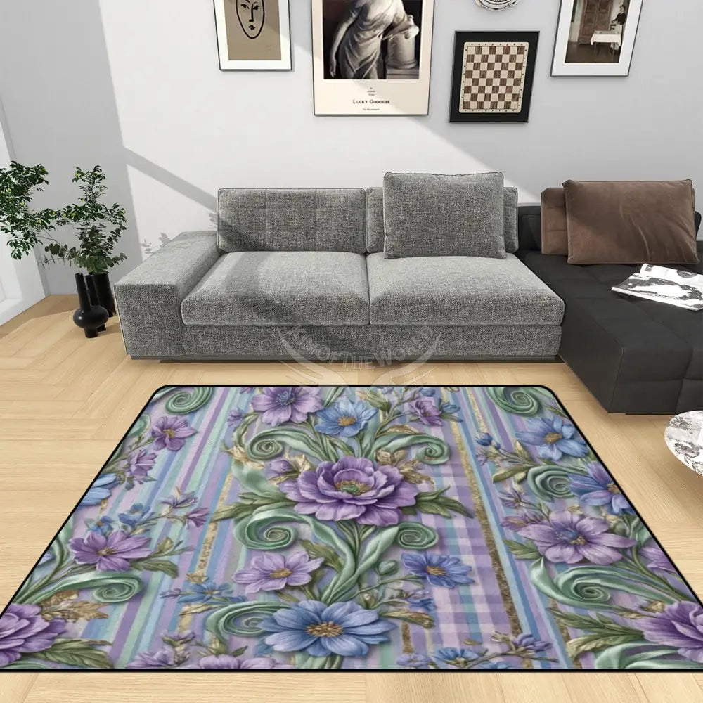 3D Periwinkle Floral Ribbon Wallpaper Area Rug Floor Carpet 8x5.3 - 96’’x64’’ - Rugs & Mats