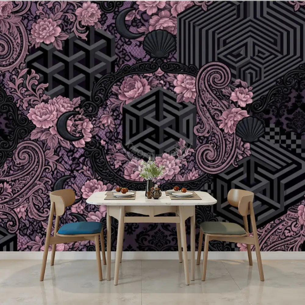3D Pink & Black Laced Unpasted Mural Wallpaper 144’’x100’’ 144’’x100’’ Wall Coverings