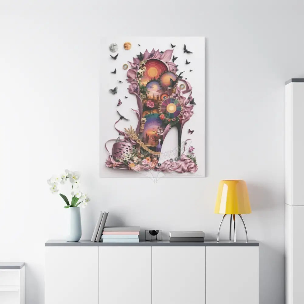 3D Pink Matte Stiletto Shoe Cottage Wall Art — Stretched 1.25’’ Frame Canvas