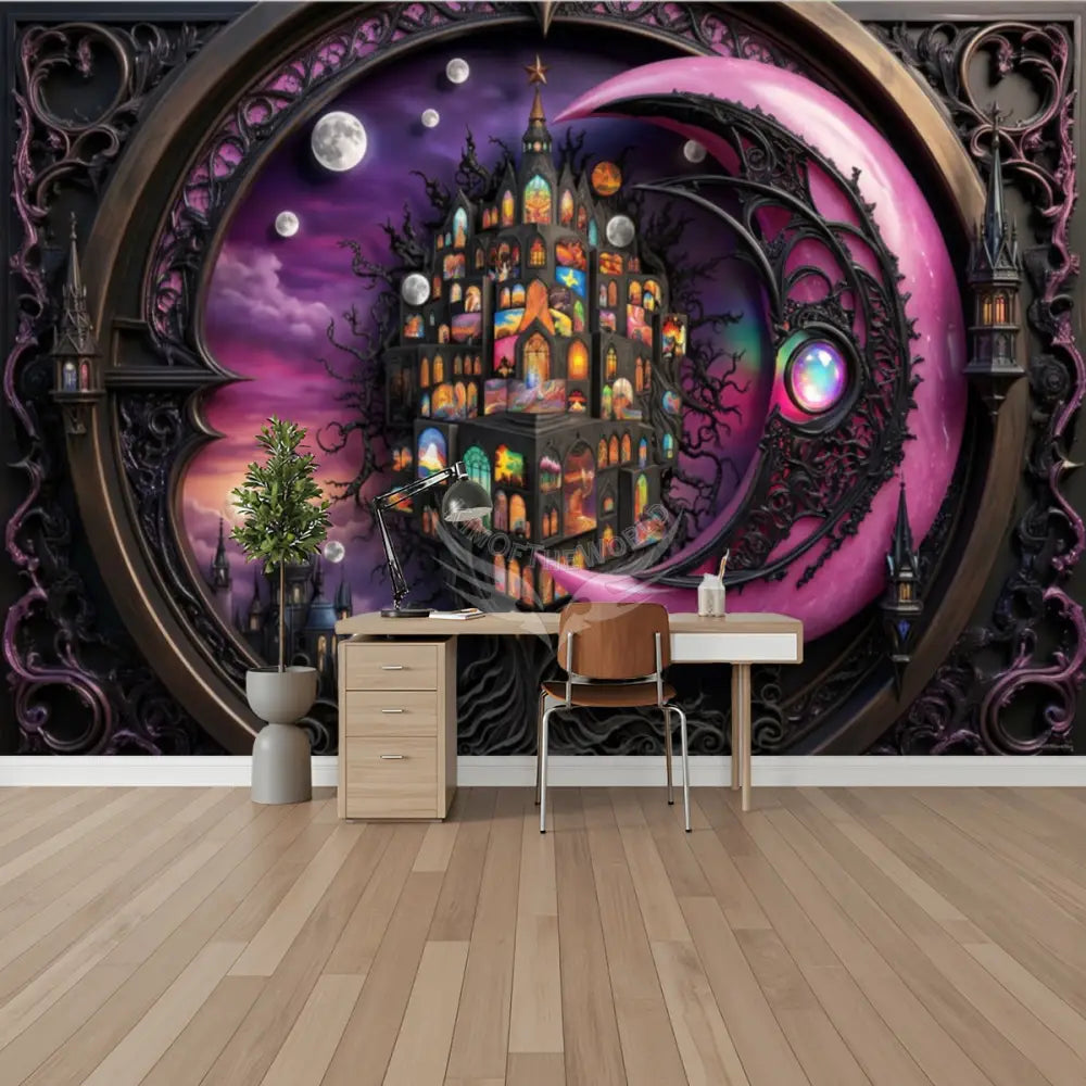 3D Pink Moon Gothic Unpasted Mural Wallpaper 144’’x100’’ - 144’’x100’’ - Wall Coverings