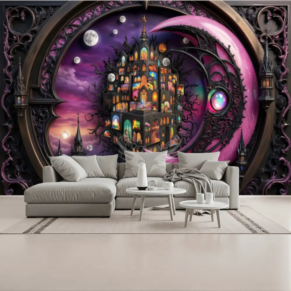 3D Pink Moon Gothic Unpasted Mural Wallpaper 144’’x100’’ - 144’’x100’’ - Wall Coverings