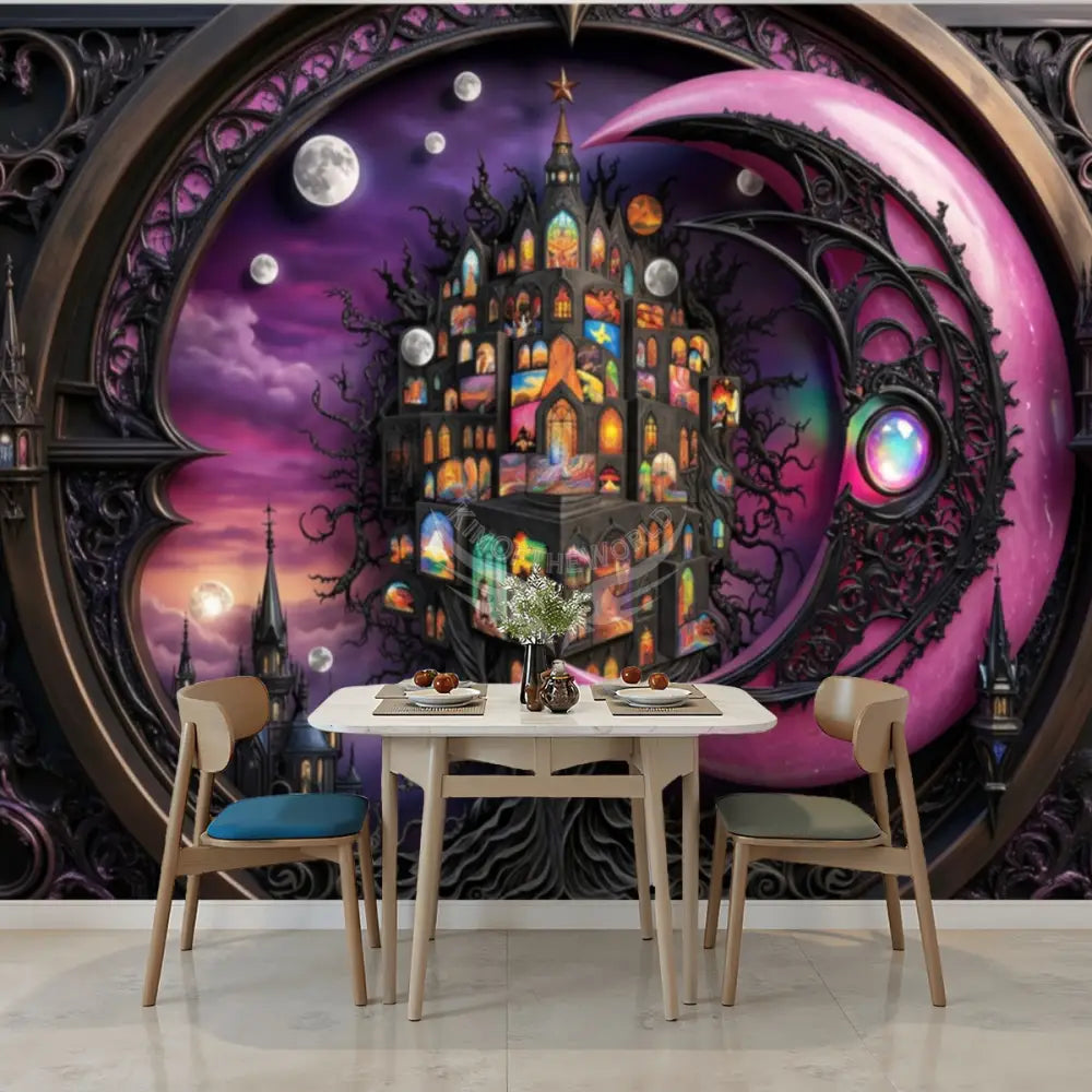 3D Pink Moon Gothic Unpasted Mural Wallpaper 144’’x100’’ - 144’’x100’’ - Wall Coverings