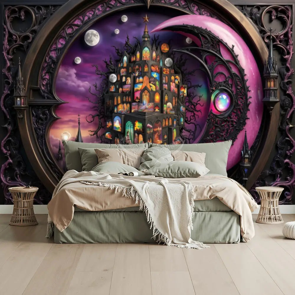 3D Pink Moon Gothic Unpasted Mural Wallpaper 144’’x100’’ - 144’’x100’’ - Wall Coverings