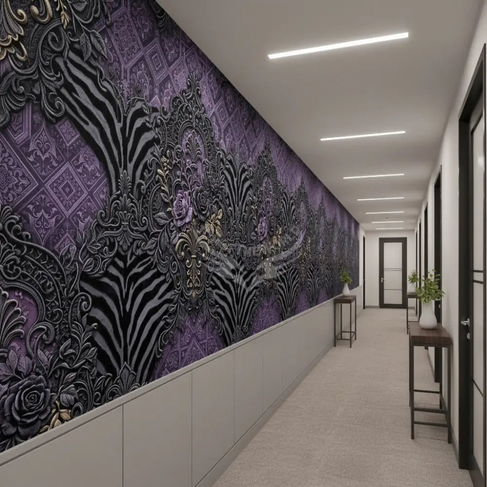 3D Purple & Grey Geometric Zebra Stripes Unpasted Mural Wallpaper 144’’x100’’ - 144’’x100’’ - Wall Coverings