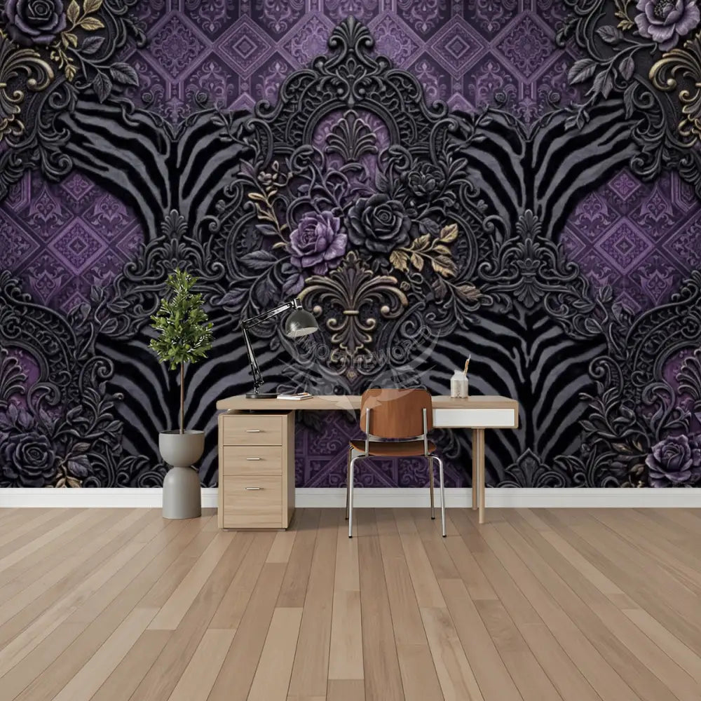 3D Purple & Grey Geometric Zebra Stripes Unpasted Mural Wallpaper 144’’x100’’ 144’’x100’’ Wall Coverings