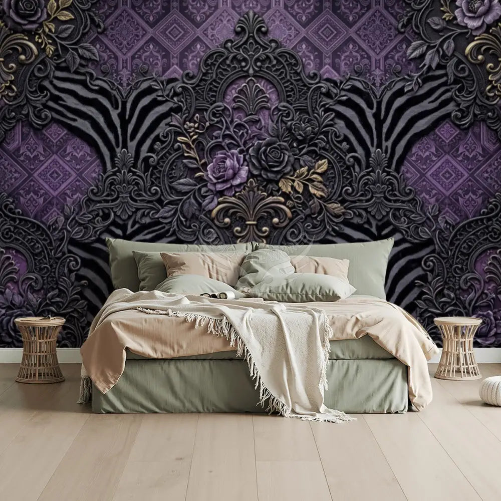 3D Purple & Grey Geometric Zebra Stripes Unpasted Mural Wallpaper 144’’x100’’ 144’’x100’’ Wall Coverings