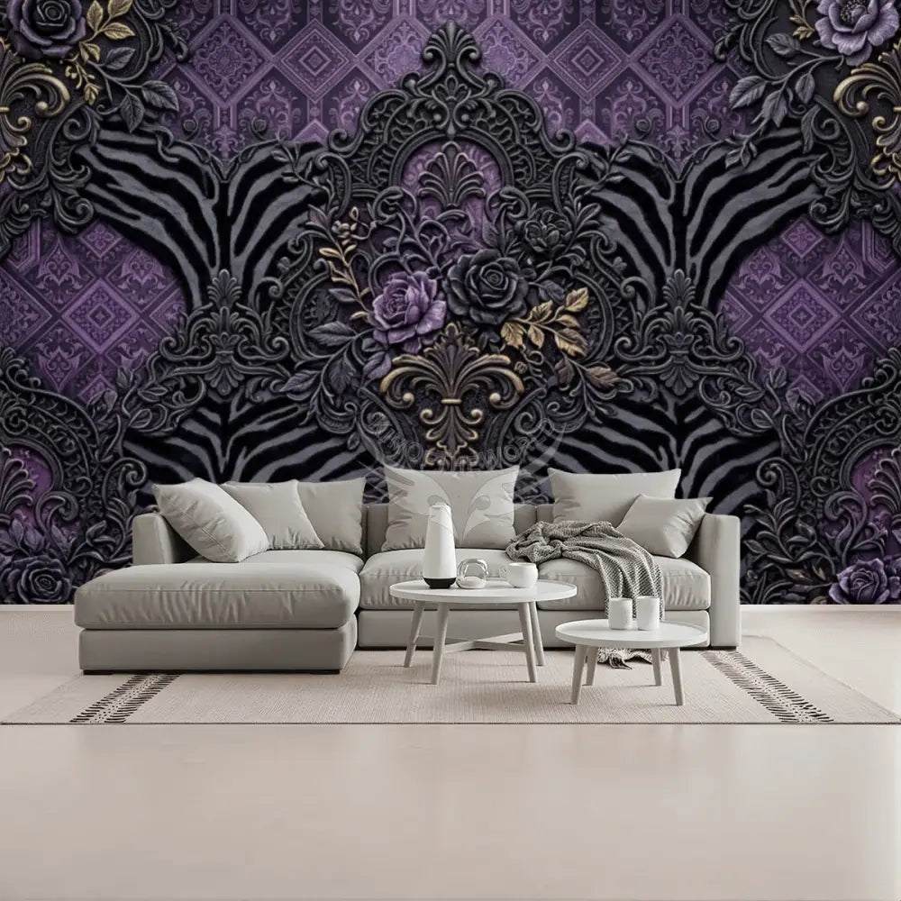 3D Purple & Grey Geometric Zebra Stripes Unpasted Mural Wallpaper 144’’x100’’ 144’’x100’’ Wall Coverings