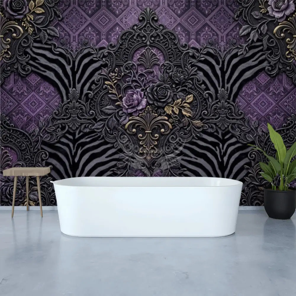3D Purple & Grey Geometric Zebra Stripes Unpasted Mural Wallpaper 144’’x100’’ 144’’x100’’ Wall Coverings