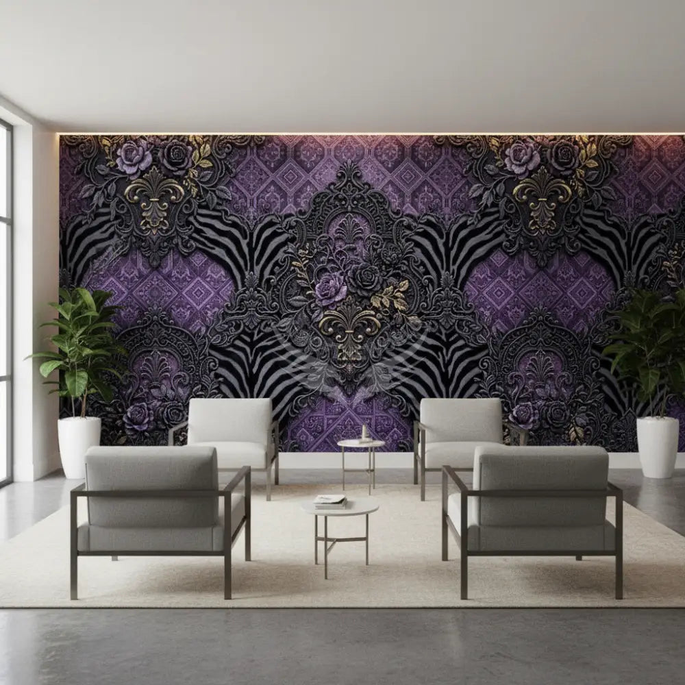 3D Purple & Grey Geometric Zebra Stripes Unpasted Mural Wallpaper 144’’x100’’ - 144’’x100’’ - Wall Coverings
