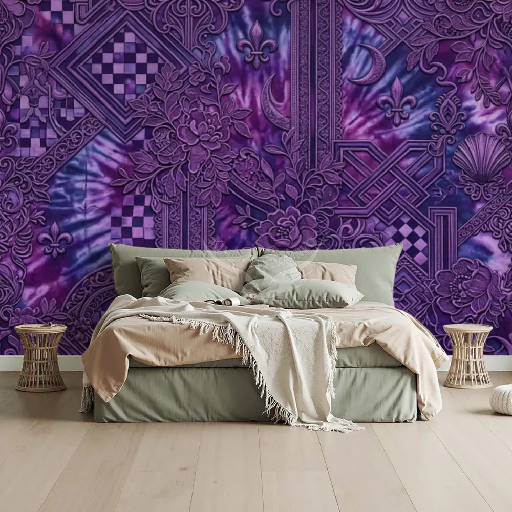 3D Purple Tie Dye Under Floral Design Unpasted Mural Wallpaper 144’’x100’’ 144’’x100’’ Wall Coverings