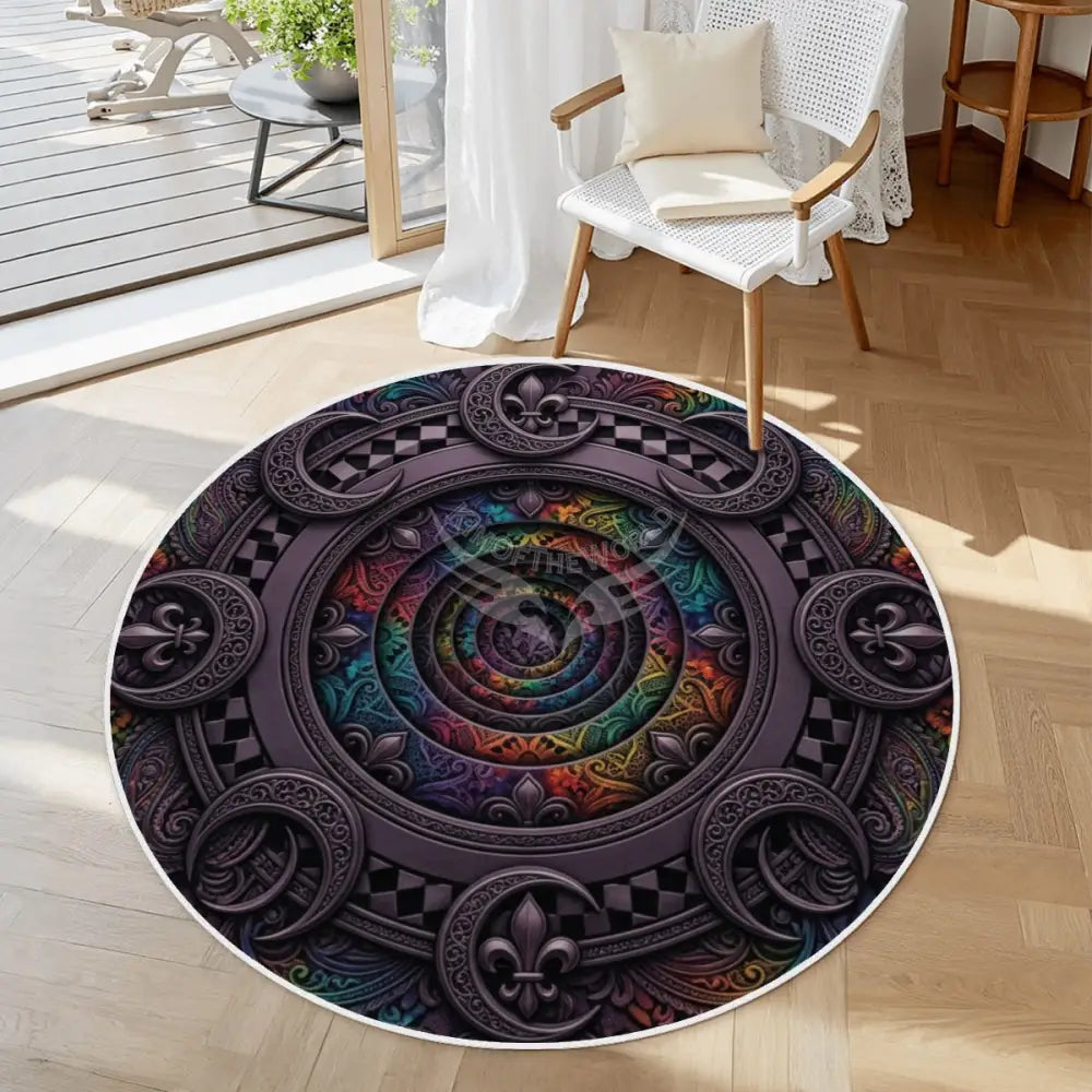 3D Rainbow & Deep Purple Gothic Portal Soft Round Area Rug with White Border 39.4’’x39.4’’ Rugs & Mats