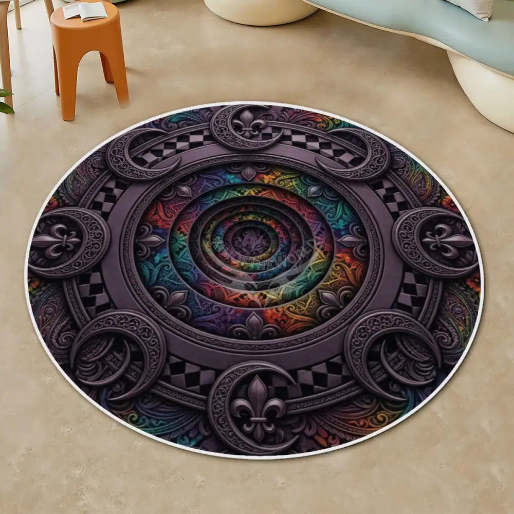 3D Rainbow & Deep Purple Gothic Portal Soft Round Area Rug with White Border Rugs & Mats