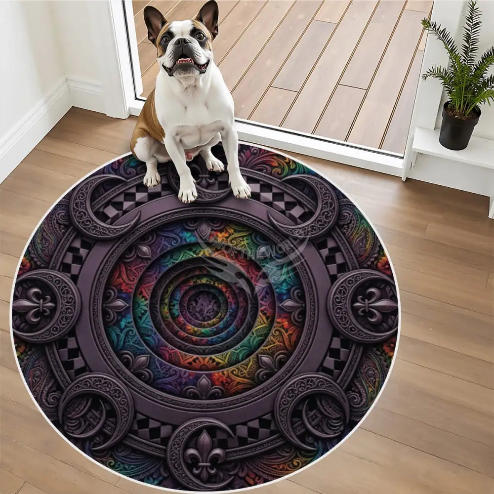 3D Rainbow & Deep Purple Gothic Portal Soft Round Area Rug with White Border Rugs & Mats