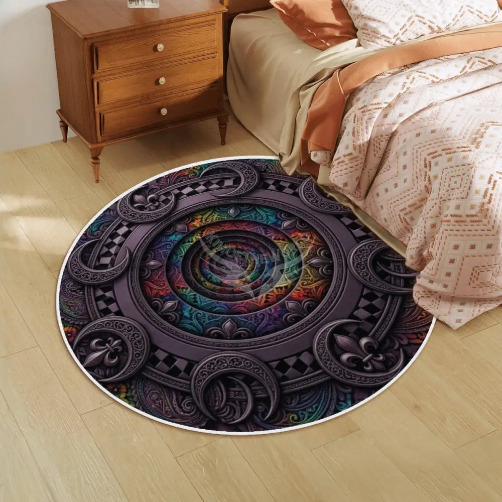 3D Rainbow & Deep Purple Gothic Portal Soft Round Area Rug with White Border Rugs & Mats