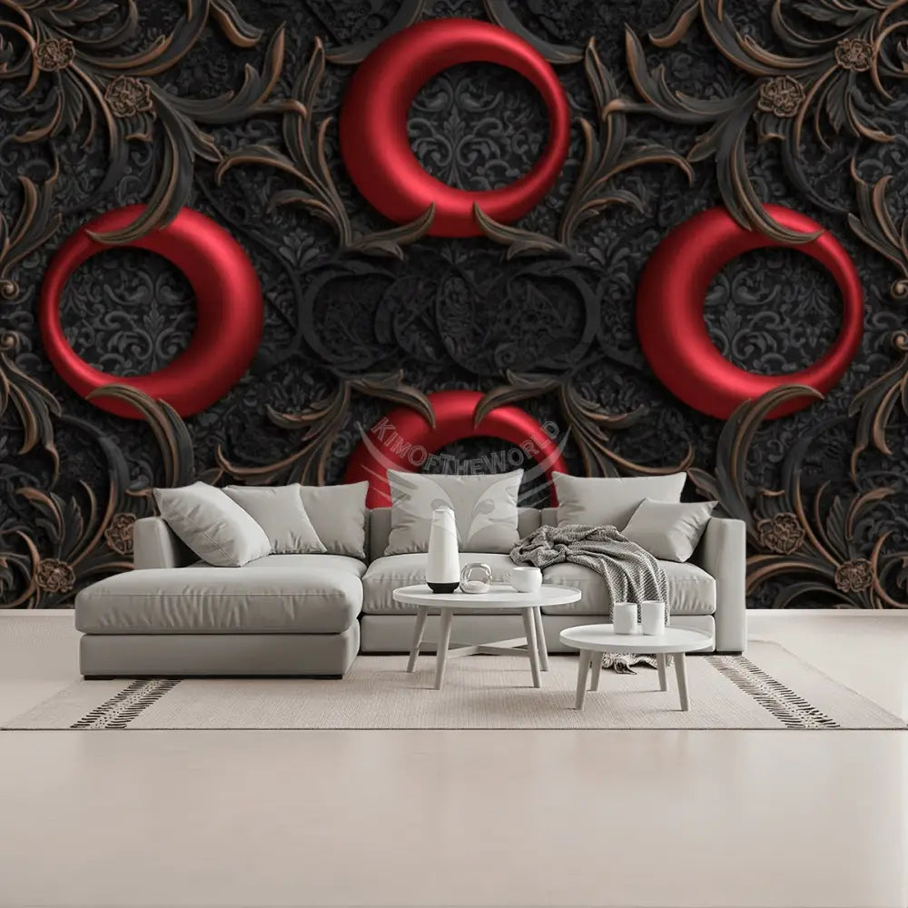 3D Red Satin Gothic Retro Red Moon Circles with Chunky Lace Top Unpasted Mural Wallpaper 144’’x100’’ - 144’’x100’’