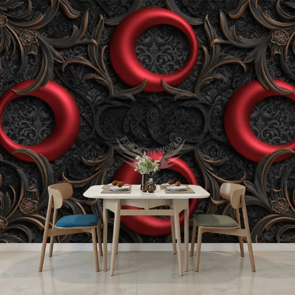 3D Red Satin Gothic Retro Red Moon Circles with Chunky Lace Top Unpasted Mural Wallpaper 144’’x100’’ - 144’’x100’’