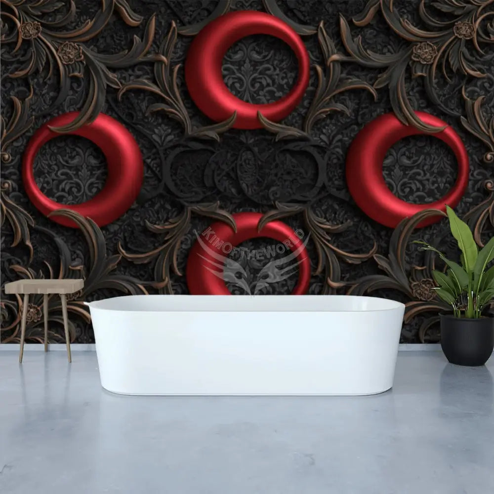 3D Red Satin Gothic Retro Red Moon Circles with Chunky Lace Top Unpasted Mural Wallpaper 144’’x100’’ - 144’’x100’’