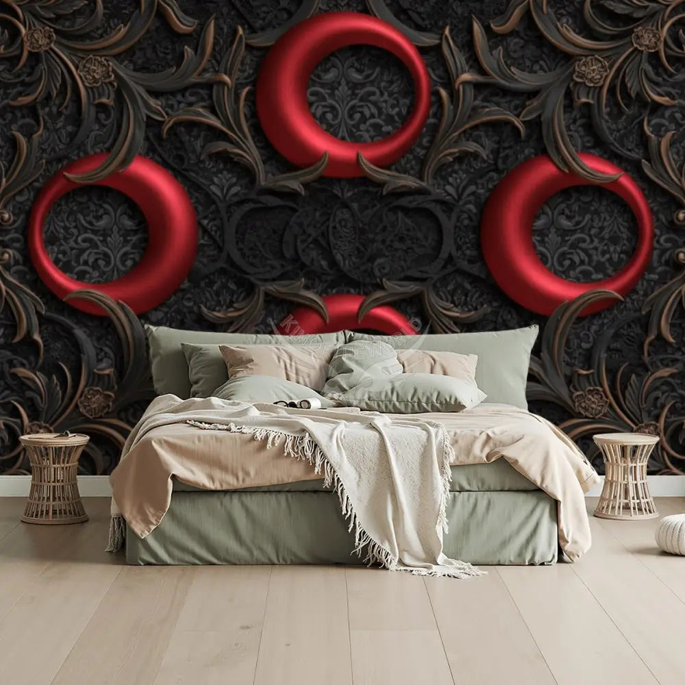 3D Red Satin Gothic Retro Red Moon Circles with Chunky Lace Top Unpasted Mural Wallpaper 144’’x100’’ - 144’’x100’’