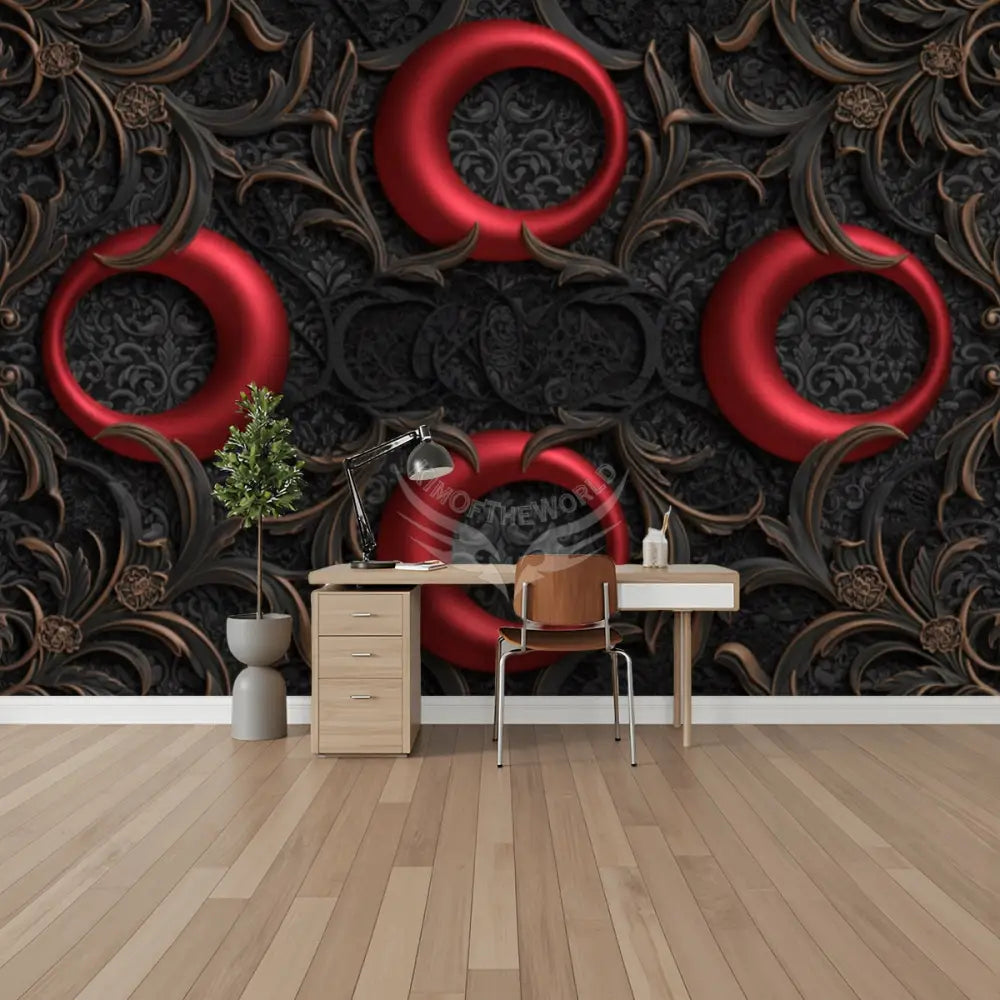 3D Red Satin Gothic Retro Red Moon Circles with Chunky Lace Top Unpasted Mural Wallpaper 144’’x100’’ - 144’’x100’’