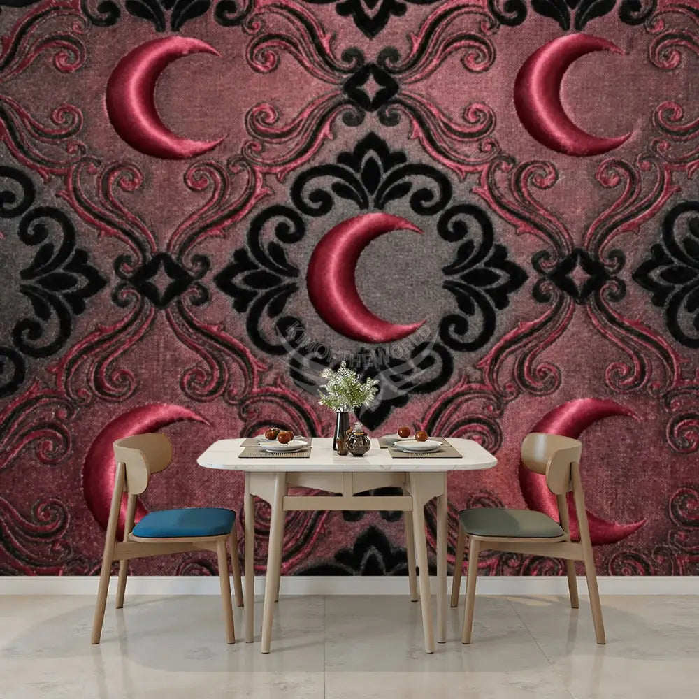 3D Red Vintage Satin Crescent Moons Unpasted Mural Wallpaper 144’’x100’’ - 144’’x100’’ - Wall Coverings