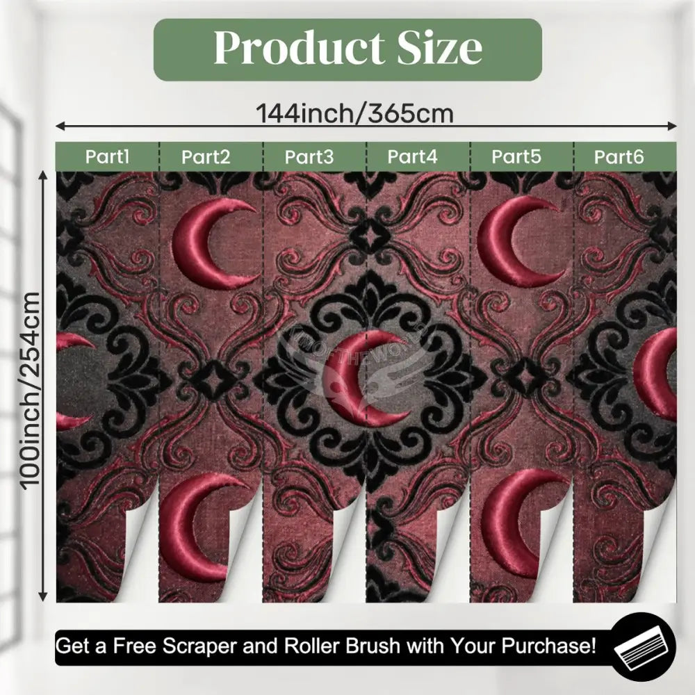 3D Red Vintage Satin Crescent Moons Unpasted Mural Wallpaper 144’’x100’’ - 144’’x100’’ - Wall Coverings