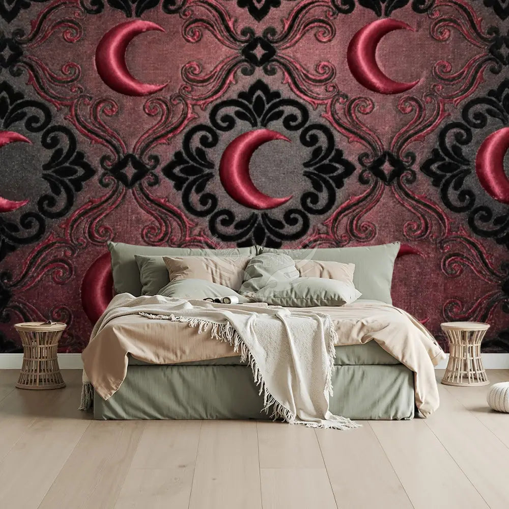 3D Red Vintage Satin Crescent Moons Unpasted Mural Wallpaper 144’’x100’’ - 144’’x100’’ - Wall Coverings