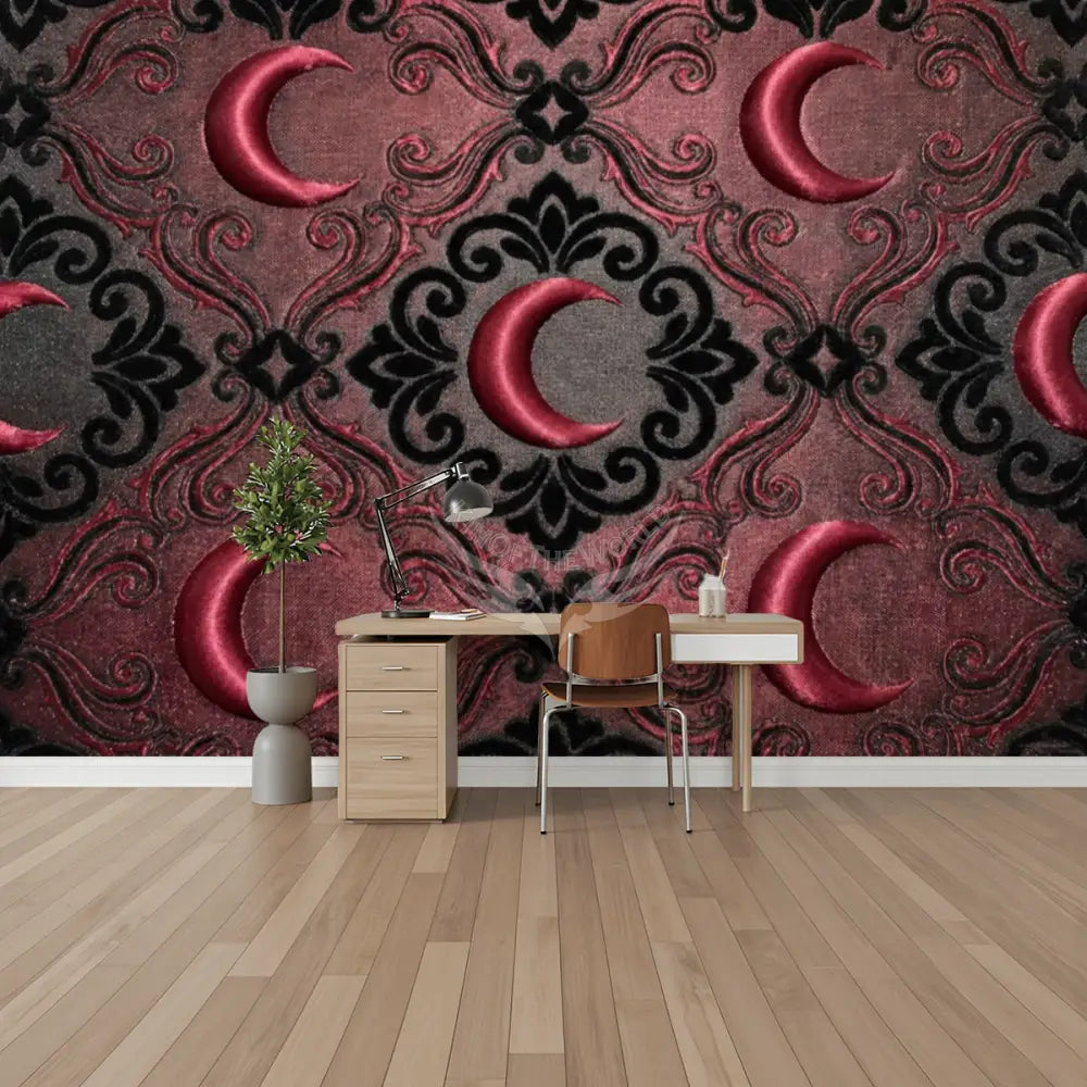 3D Red Vintage Satin Crescent Moons Unpasted Mural Wallpaper 144’’x100’’ - 144’’x100’’ - Wall Coverings