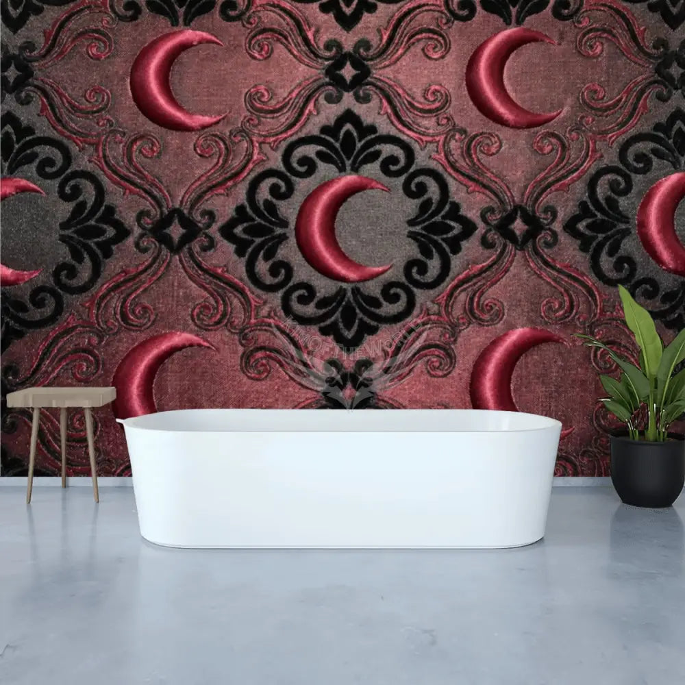 3D Red Vintage Satin Crescent Moons Unpasted Mural Wallpaper 144’’x100’’ - 144’’x100’’ - Wall Coverings
