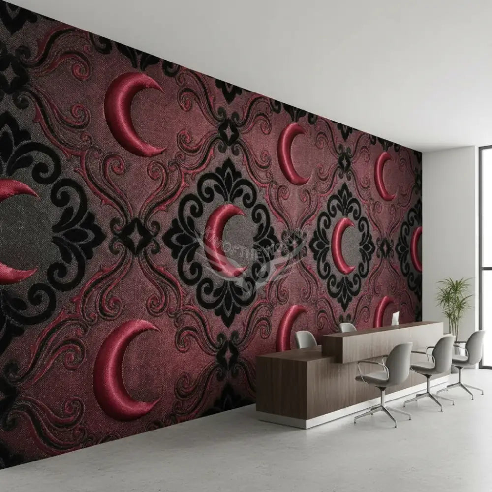 3D Red Vintage Satin Crescent Moons Unpasted Mural Wallpaper 144’’x100’’ - 144’’x100’’ - Wall Coverings