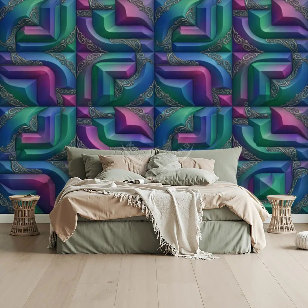 3D Retro Blue Square Abstract Unpasted Mural Wallpaper 144’’x100’’ 144’’x100’’ Wall Coverings