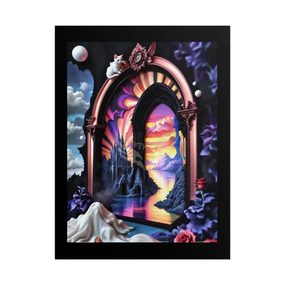 3D Ribbon Framed Passageway Vibrant Magical Kitties & Floral Portal Art Poster 18″ x 24″ (Vertical) / Matte Poster