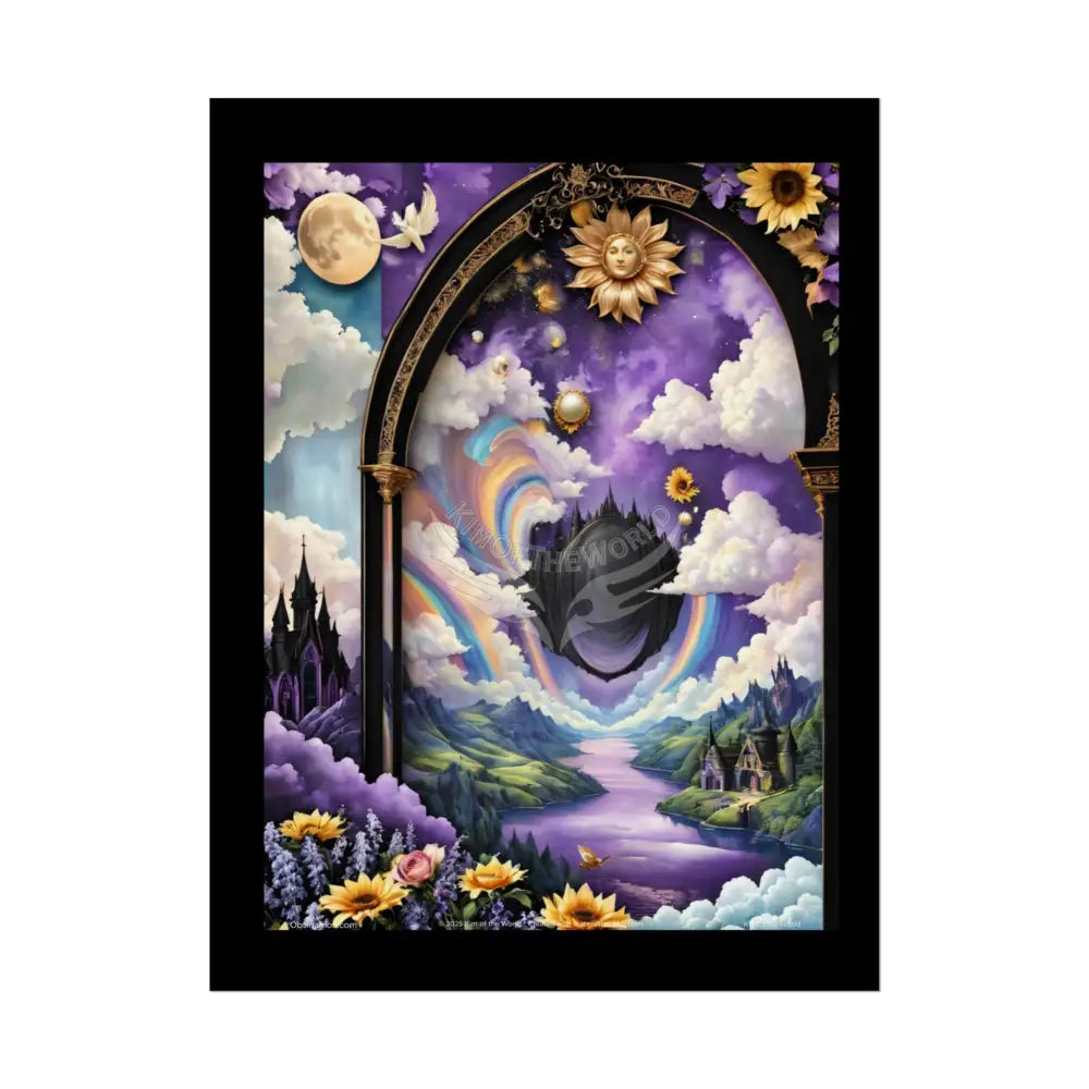 3D Ribbon Framed Passageway Vibrant Magical Kitties & Floral Portal Art Poster 18″ x 24″ (Vertical) / Semi Glossy Poster