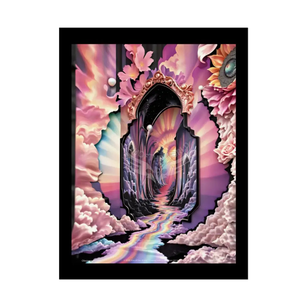 3D Ribbon Framed Passageway Vibrant Magical Kitties & Floral Portal Art Poster 18″ x 24″ (Vertical) / Semi Glossy Poster