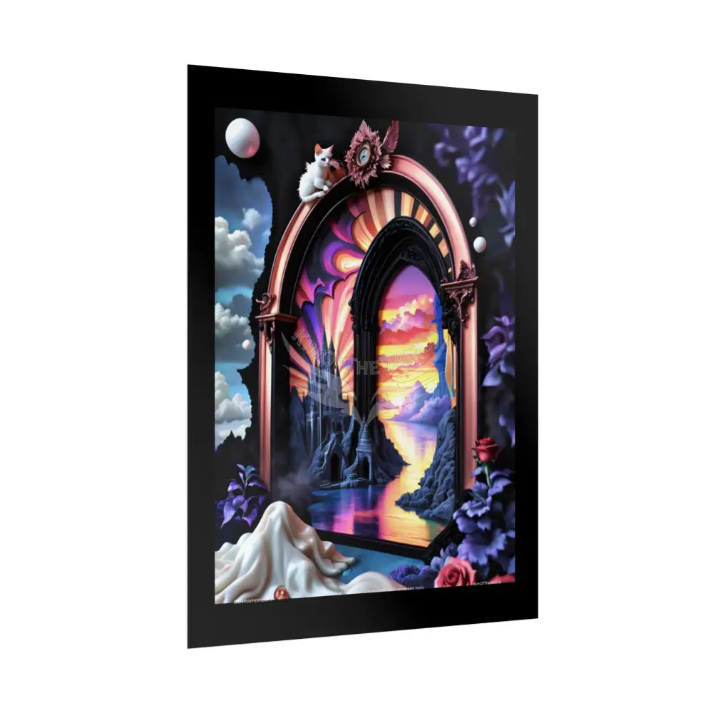 3D Ribbon Framed Passageway Vibrant Magical Kitties & Floral Portal Art Poster Poster