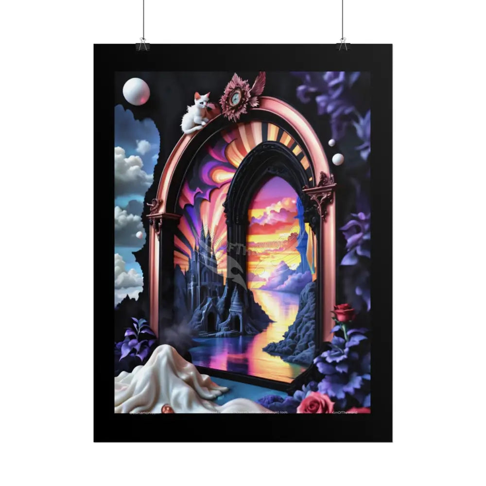 3D Ribbon Framed Passageway Vibrant Magical Kitties & Floral Portal Art Poster Poster