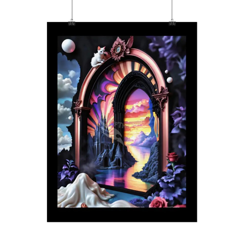 3D Ribbon Framed Passageway Vibrant Magical Kitties & Floral Portal Art Poster Poster