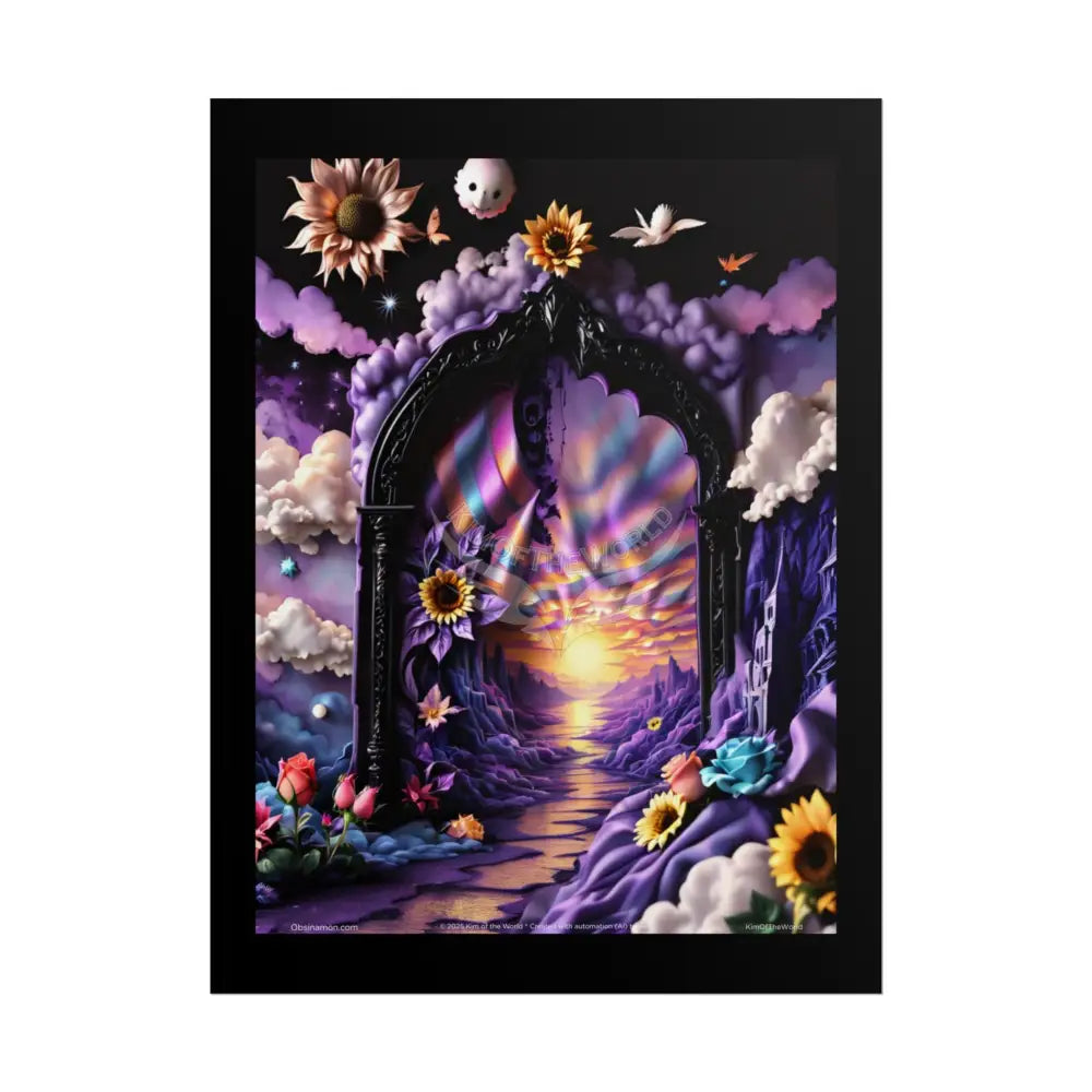 3D Ribbon Ruffle Cat Lady Empowered Woman Vibrant Magical Kitties & Floral Portal Art Poster 18″ x 24″ (Vertical)