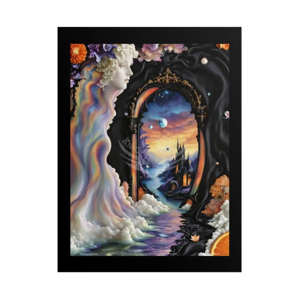 3D Ribbon Ruffle Cat Lady Empowered Woman Vibrant Magical Kitties & Floral Portal Art Poster 18″ x 24″ (Vertical)