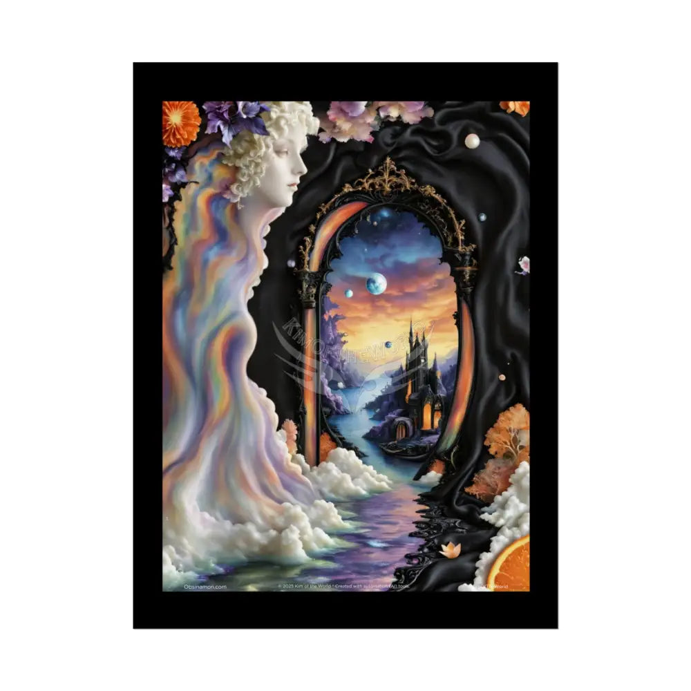 3D Ribbon Ruffle Cat Lady Empowered Woman Vibrant Magical Kitties & Floral Portal Art Poster 18″ x 24″ (Vertical)