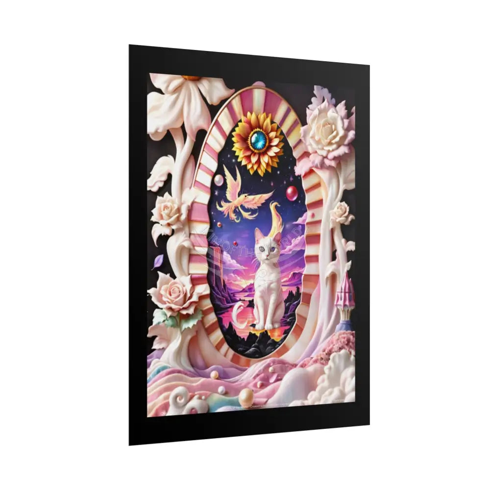 3D Ribbon Ruffle Cat Lady Empowered Woman Vibrant Magical Kitties & Floral Portal Art Poster Poster