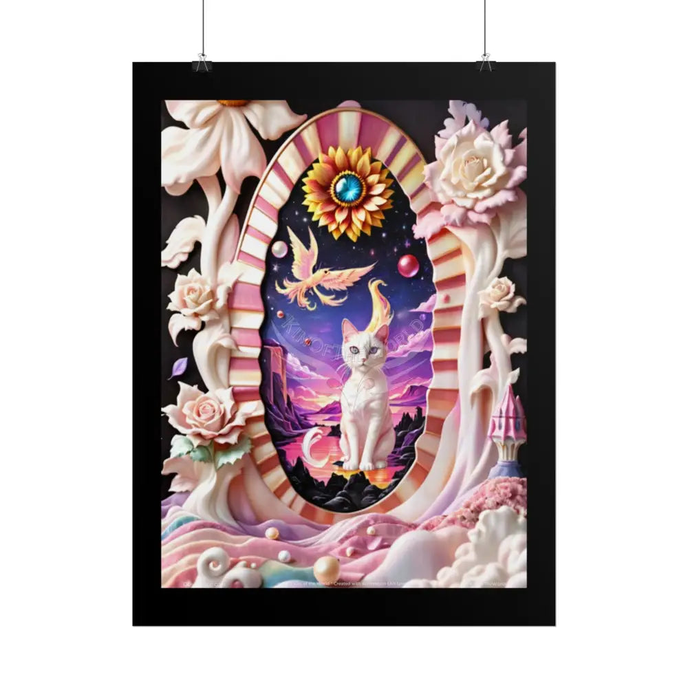 3D Ribbon Ruffle Cat Lady Empowered Woman Vibrant Magical Kitties & Floral Portal Art Poster Poster