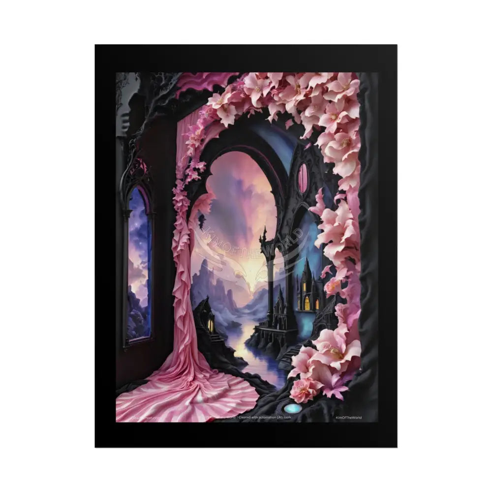 3D Ribbon Ruffle Framed Passageway Vibrant Magical Kitties & Floral Portal Art Poster 18″ x 24″ (Vertical) / Matte